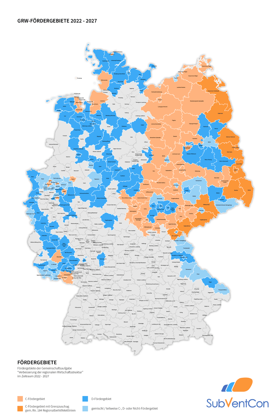 Deutschlandkarte für GRW Fördergebiete in der Periode 2022-2027
